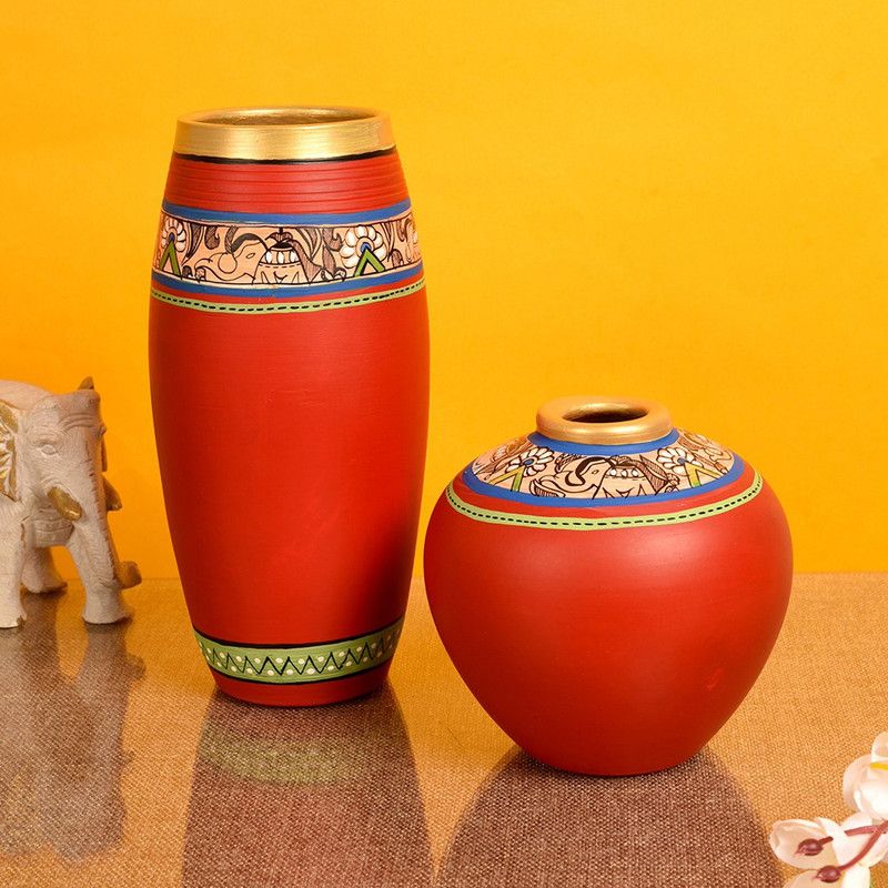 AAKRITI ART CREATIONS Earthan Madhubani Handpainted Red Miniature Vases & Pot for Decoration Item ( Set of 2) Terracotta Vase  (9 inch, Red)