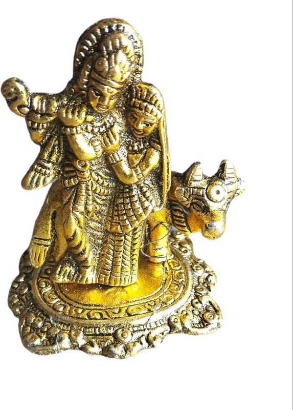 Robin Export Company 100% Pure Metal Radha Krishna With kamdhenu for Home Decor Decorative Showpiece - 9 cm  (Metal, Gold)