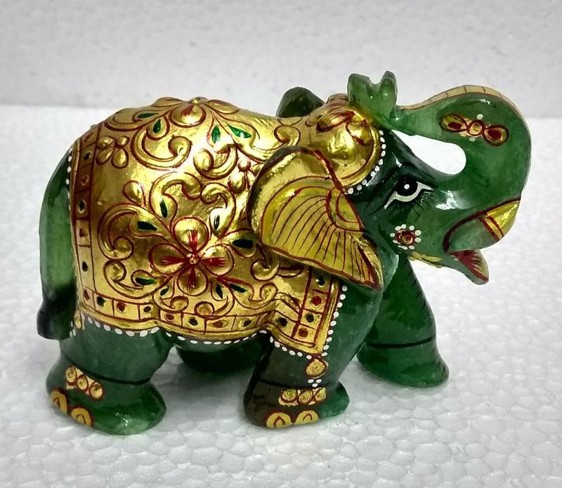 Painted Green Aventurine Painted Elephant Decorative Showpiece - 7 cm  (Stone, Green)