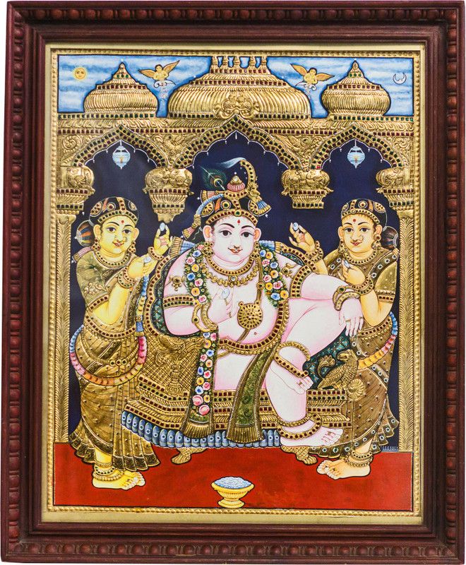 Mangala Arts Bama Rukmani Antique Tanjore Painting, 24 Carat Gold Foil Painting Natural Colors 10 inch x 8 inch Painting  (With Frame)