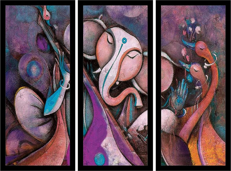 VRUTIKA ART Ganesha 3 Piece with for living room with Synthetic frame Digital Reprint 16 inch x 21 inch Painting  (With Frame)