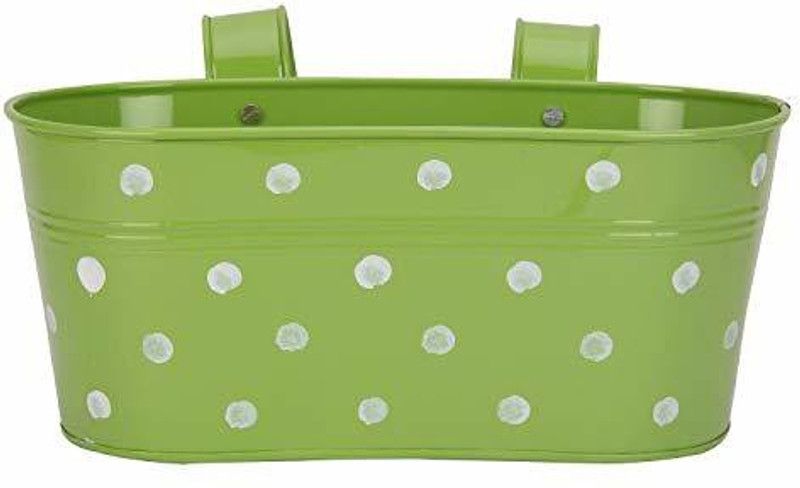 MYL Oval Dotted Metal Railing Planters Hanging Flower Pots(1Qty,Green) Steel Flower Basket  (W: 15 cm x H: 15 cm x D: 32 cm)