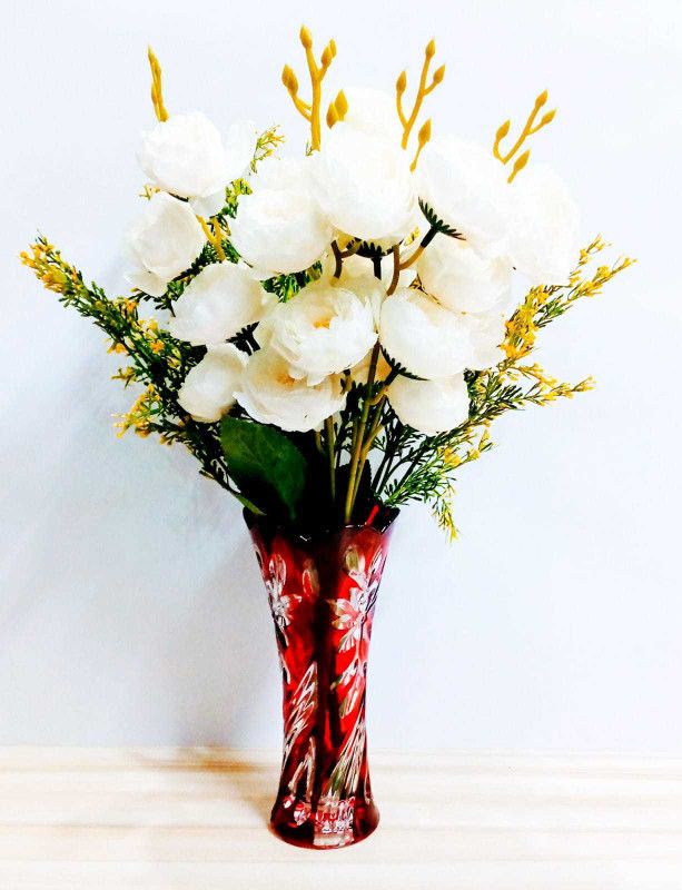 Magic of Gifts Artificial Rose Flower Bunches with Grass Leaves Sticks (POT NOT INCLUDED) White Rose Artificial Flower  (16 inch, Pack of 1, Flower Bunch)