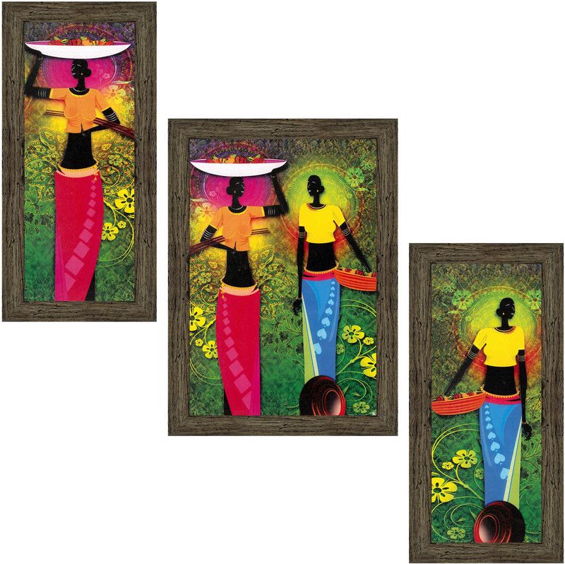 Indianara Set of 3 Tribal Village Women Framed Art Painting (1744EBY) without glass (6 X 13, 10.2 X 13, 6 X 13 INCH) Digital Reprint 13 inch x 10.2 inch Painting  (With Frame, Pack of 3)