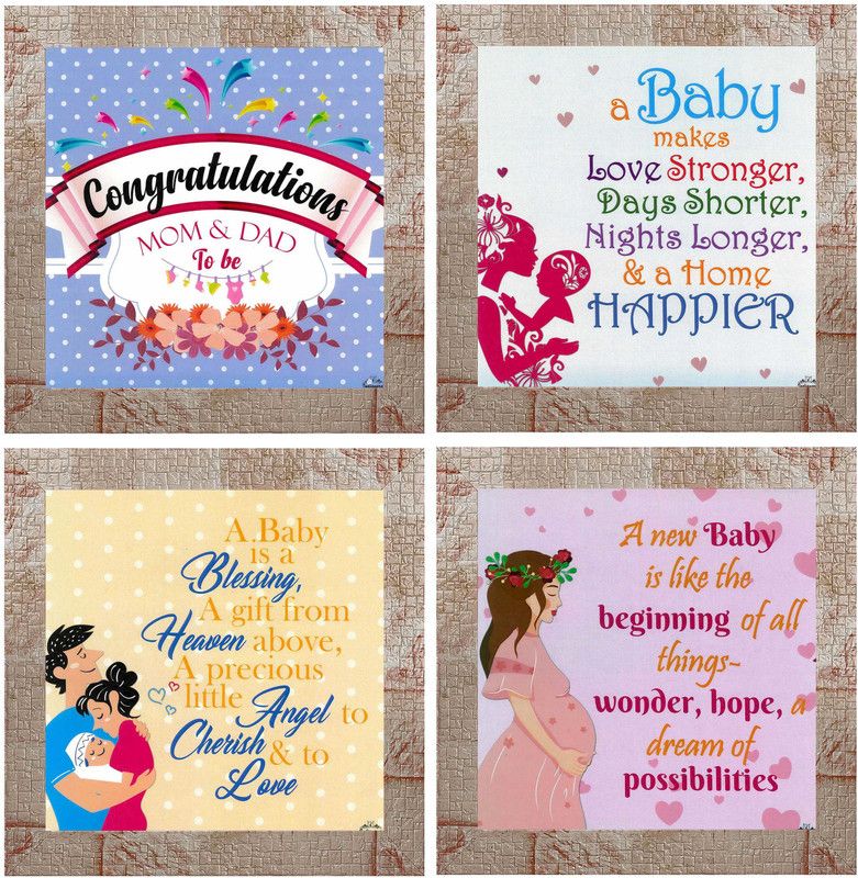 Indianara Set of 4 Baby Shower Decor Framed Wall Hanging Laminated Paintings Matt Art Prints 9.5 inch x 9.5 inch each without Glass (1195MR) Digital Reprint 19 inch x 19 inch Painting  (With Frame, Pack of 4)