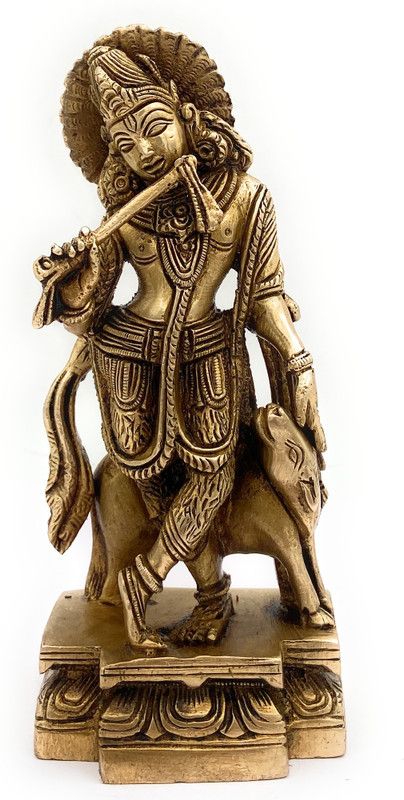 Brass Idols Brass Krishna Idol Murti With Cow Calf Murti Idols Pooja Gift Decorative Showpiece - 16 cm  (Brass, Gold)