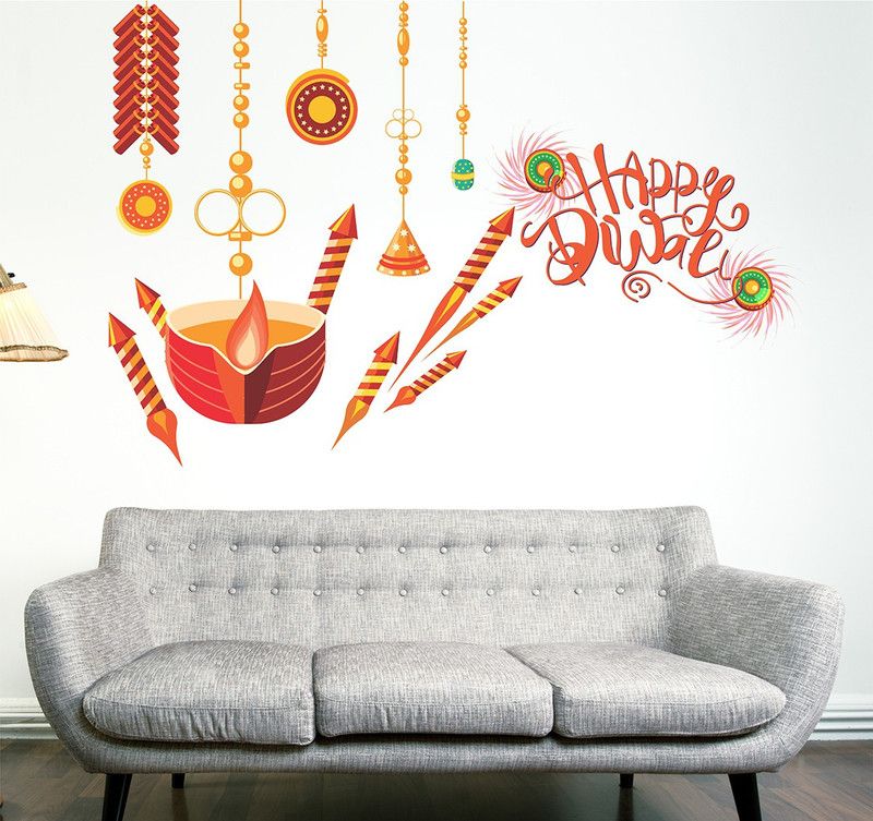 HAPPYSTICKY 80 cm Happy Diwali Removable Sticker  (Pack of 1)