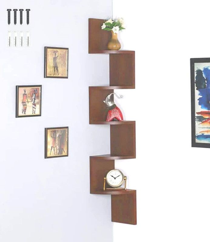 SHA ENTERPRISES Zig Zag Home Decor Floating Display Rack Storage Organizer Unique Design MDF (Medium Density Fiber) Wall Shelf  (Number of Shelves - 5, Brown)