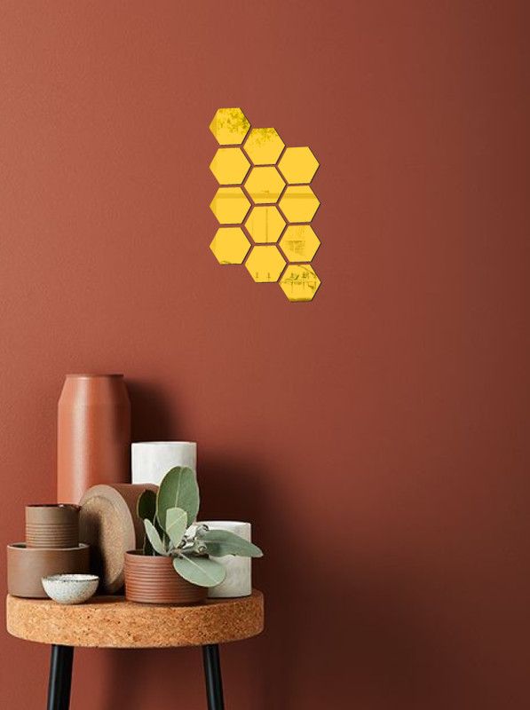 Decor studio 15.24 cm beautiful hexagone set golden acrylic sticker Self Adhesive Sticker  (Pack of 1)