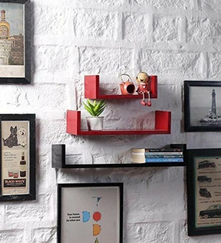 Doon Furniture House U Shaped Floating Red & Black MDF (Medium Density Fiber) Wall Shelf  (Number of Shelves - 3, Red, Black)