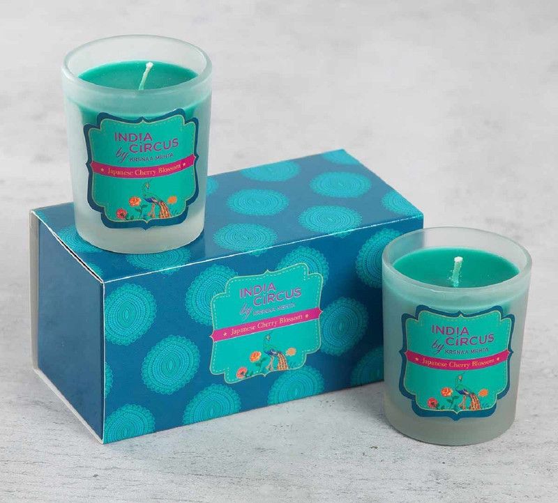 INDIA CIRCUS Japanese Cherry Blossom Scented Glass Votives Candle  (Green, Pack of 2)
