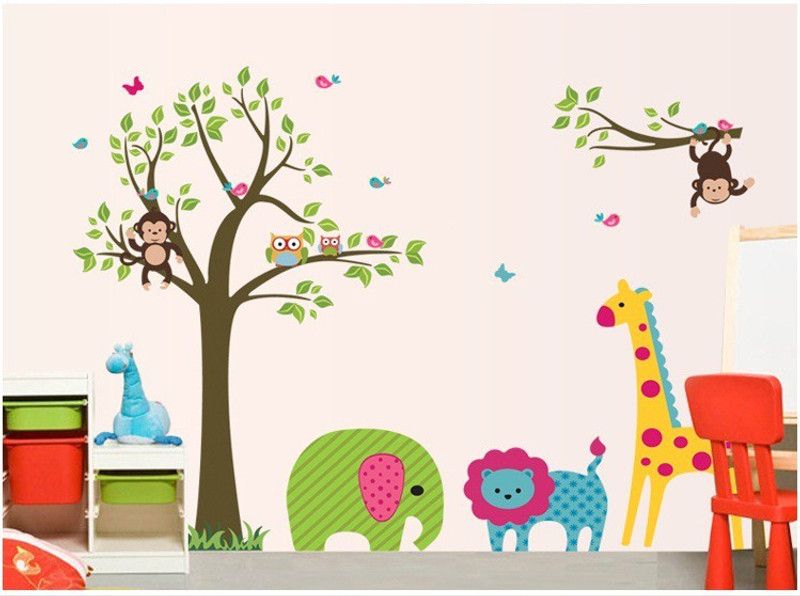 Asmi Collections 90 cm PVC Tree Giraffe Owl Monkey Tiger Elephant Removable Sticker  (Pack of 1)