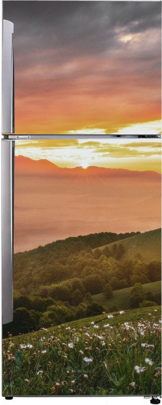 Crown Decals 160 cm Decorative beautiful morning sunrise mountain trees and white flowers garden wallpaper sticker for fridge décor Self Adhesive Sticker  (Pack of 1)