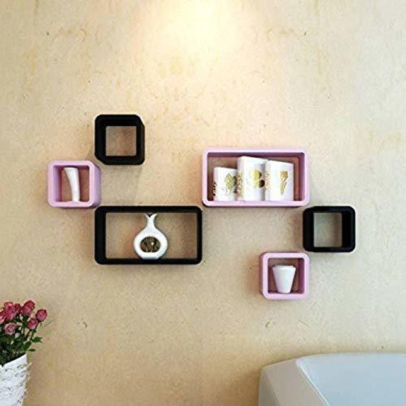 HAMMAD FURNITURE Wall Shelf for Home Decor Wall Decor and Living Room (Set of 6) Wooden Wall Shelf  (Number of Shelves - 6, Black, Purple)