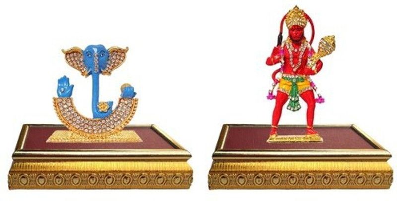 BEI Set of 2 with wooden base God Ganesh Idol Statue & Lord Hanuman Mandir Home Decor God Statue Gift Item Decorative Showpiece Decorative Showpiece - 12 cm  (Brass, Multicolor)