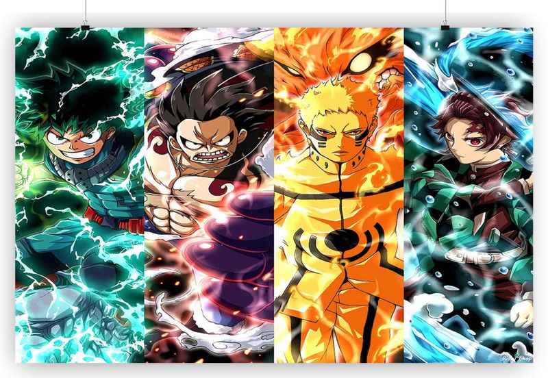 Luffy Tanjirou Naruto Lzuku for wall decoration Paper Print  (12 inch X 18 inch, Rolled)