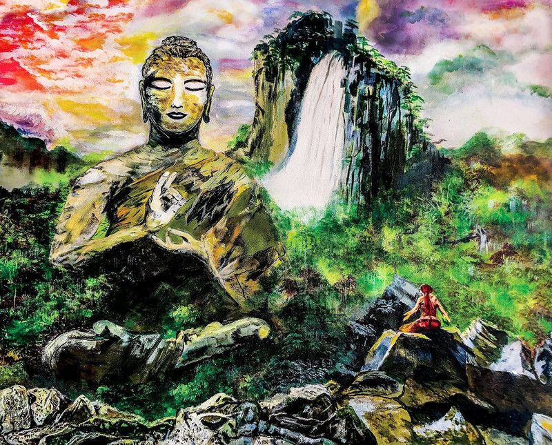 SHSWorks Fengshui - Buddha (Simplicity) Unframed Vastu Religious Wall Art Canvas Artwork Signed By Artist for Living Room Bedroom Home & Office Décor Copyright Protected Digital Reprint 30 inch x 25 inch Painting  (Without Frame)