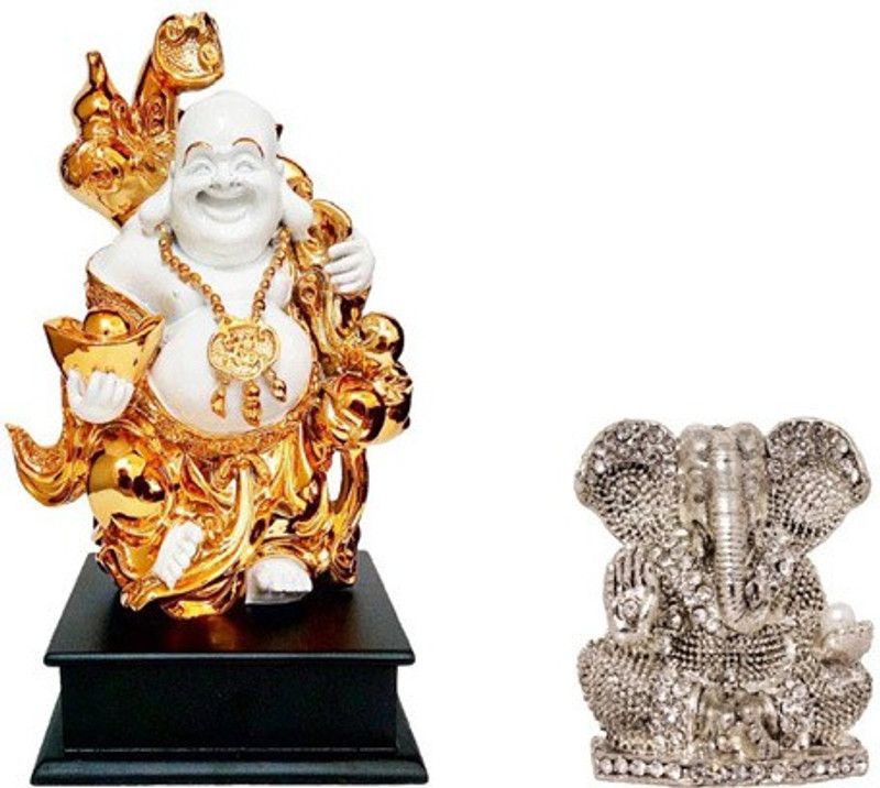 9facts Fengshui God Laughing Buddha Vastu Gold plated Statue with wooden base and God Ganesh / Ganpati / Lord Ganesha Idol - Statue Gift item Decorative Showpiece Decorative Showpiece - 11.5 cm  (Gold Plated, Multicolor)