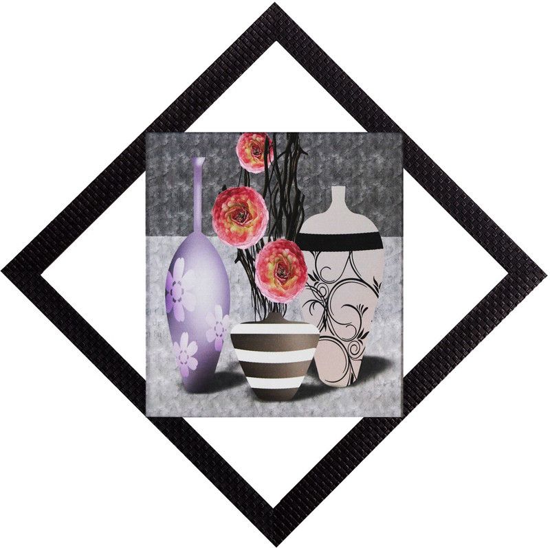eCraftIndia Vases With Orange Flowers Satin Matt Textured UV Art Canvas 12 inch x 12 inch Painting  (With Frame)