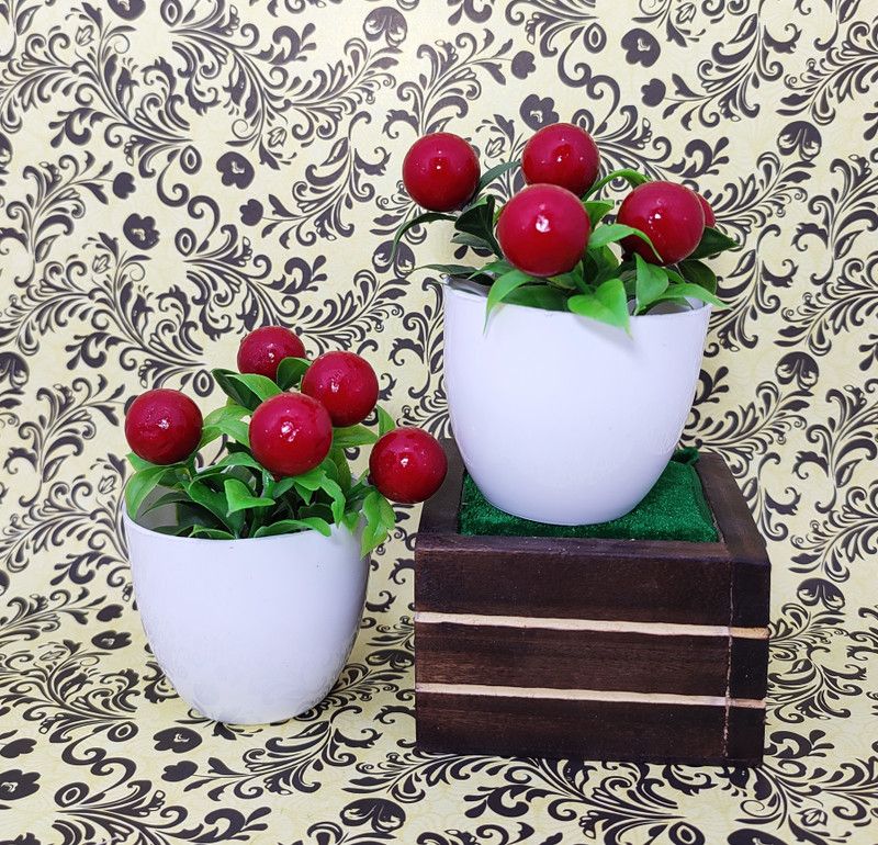 ds Artificial Small Flower Pot (pack of 2) Red Cherry Artificial Flower with Pot  (4 inch, Pack of 2, Flower with Basket)