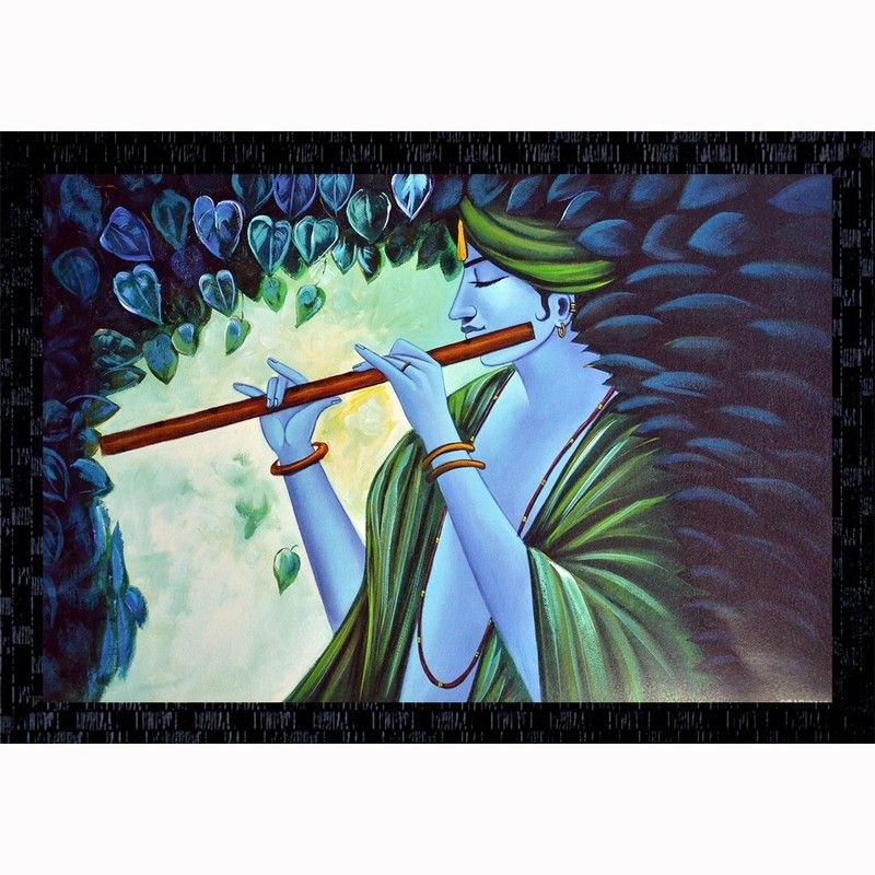 Janki Beautiful Krishna Singhing Flute Decorative Wall Painting For Gift Canvas 14 inch x 20 inch Painting  (With Frame)