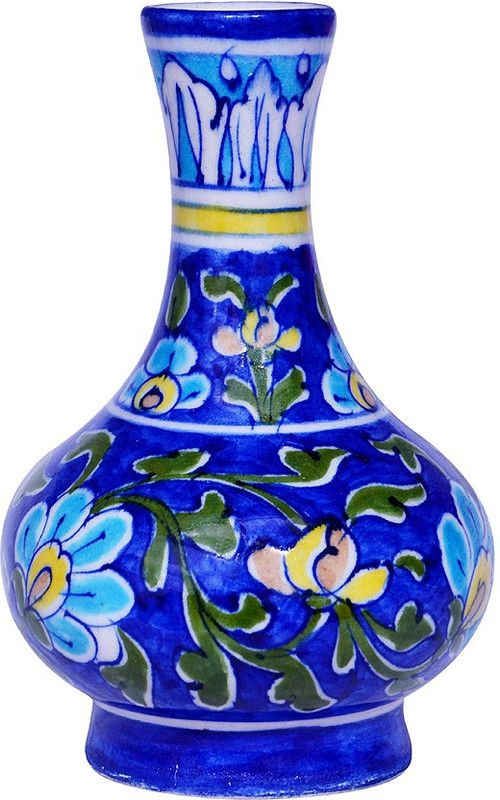 om craft villa designer flowers pot Pottery Vase  (8.66 inch, Blue)