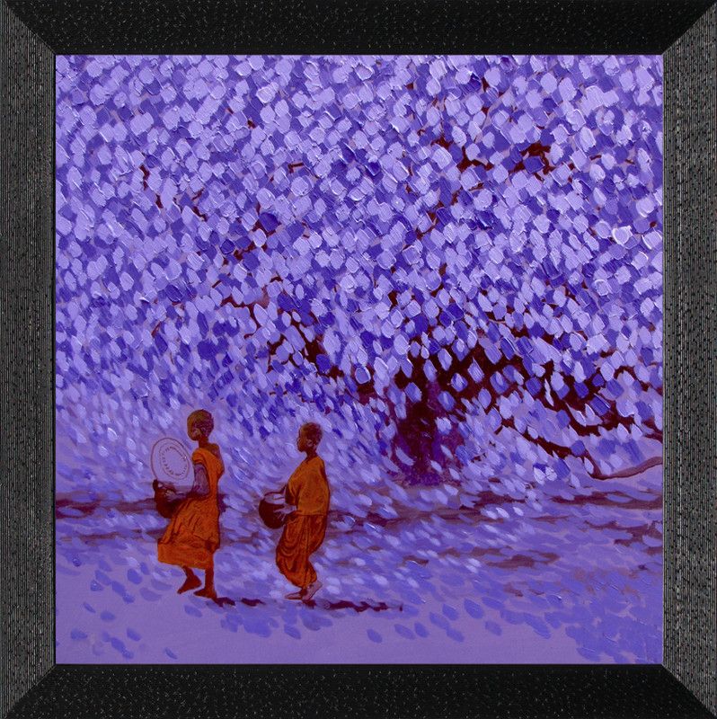 Ritwika's Blue Monk Wall Painting Matte Ttextured Photo frame Natural Colors 13.5 inch x 13.5 inch Painting  (With Frame)