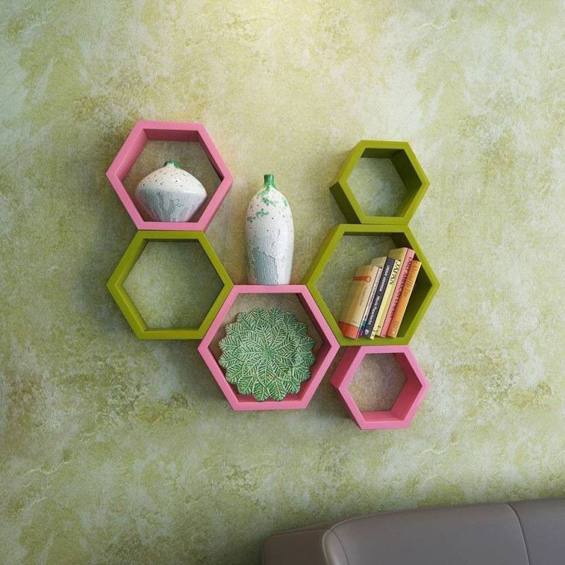 MDF (Medium Density Fiber) Wall Shelf  (Number of Shelves - 6, Green, Pink)