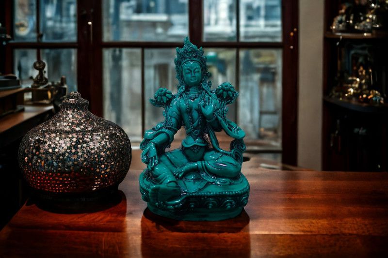 GLOBAL AROMA Green Tara Maa Decorative Showpiece - 20 cm  (Polyresin, Green)