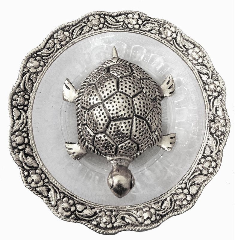 om shiv art Metal Glass Silver Kachua Plated Feng Shui Tortoise Turtle Plate Yantra Vastu Feng Sui Puja Articles Feng Shui Turtle with Silver Color Plate Set-6 Inches Decorative Showpiece - 5 cm  (Metal, Silver)