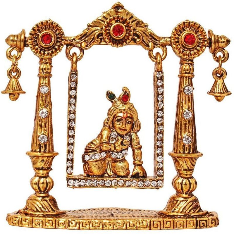 SmsTraders Bal Gopal Idol | Krishna Idol on Jhula Color Metal Statue Decorative Showpiece - 7 cm  (Brass, Gold)