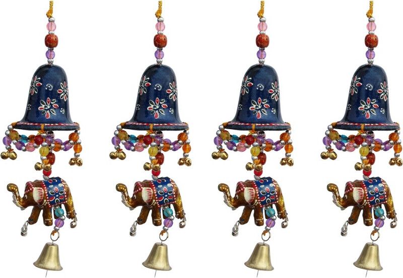 Handicrafts Paradise Door Hanging Blue Painted Bell With Jhalar Golden Elephant With Metal Bell Set of 4 By Handicrafts Paradise Decorative Showpiece - 22.5 cm  (Paper Mache, Multicolor)