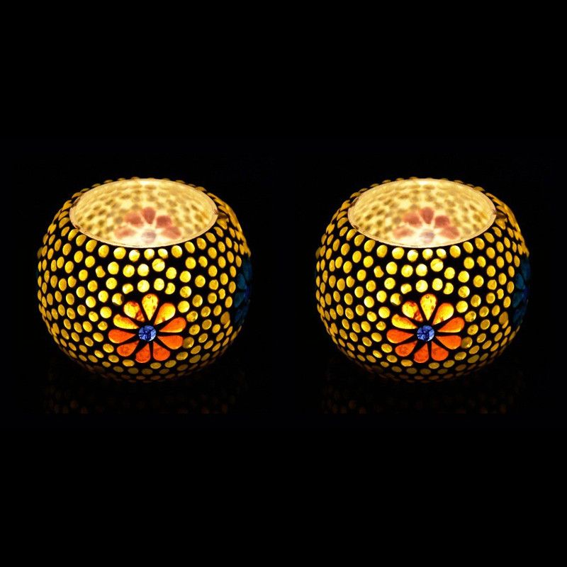 iHandikart Mosaic Tea Light Candle Holder Pack Of 2 (9112) Glass 0 - Cup Tealight Holder  (Multicolor, Pack of 2)
