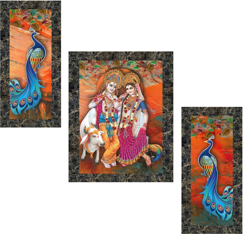 Indianara Set of 3 Radha Krishna with Peacock Framed Art Painting (3792MGY) without glass (6 X 13, 10.2 X 13, 6 X 13 INCH) Digital Reprint 13 inch x 10.2 inch Painting  (With Frame, Pack of 3)