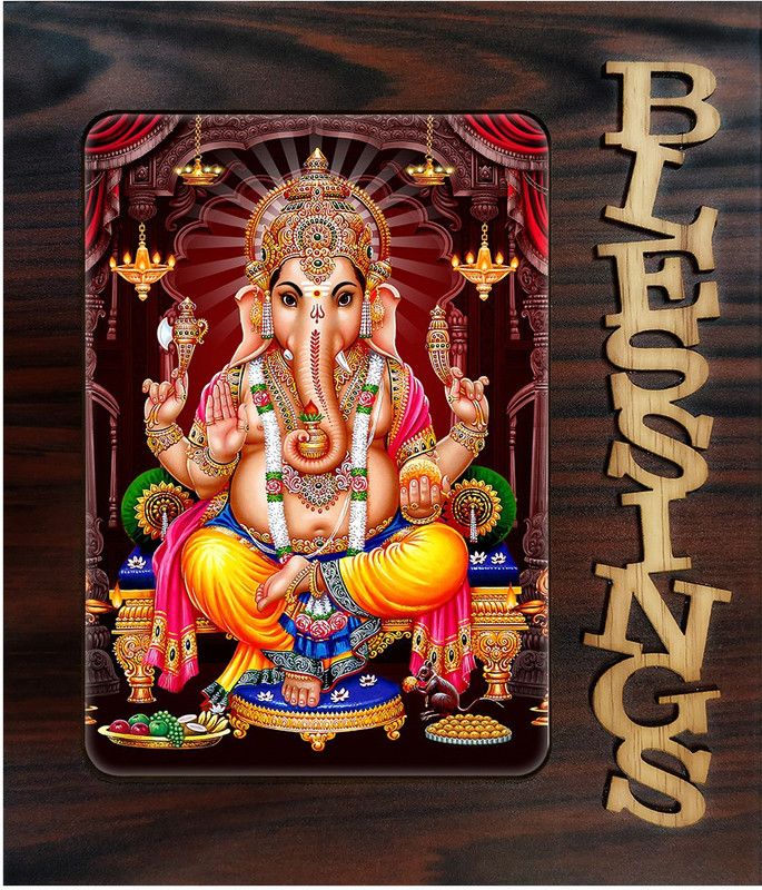 Poster N Frames Decorative Blessings Hand Crafted Wooden table with photo of Ganeshji 20121 Digital Reprint 9 inch x 7.75 inch Painting  (With Frame)