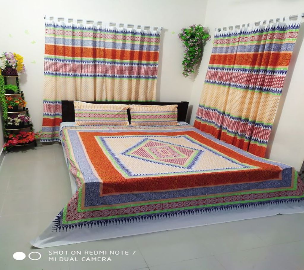 King Size Cotton Multi colors Block Printed Bed Sheet with Matching 2 Pillow Covers-27