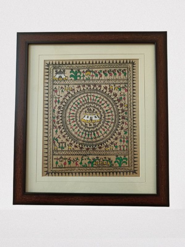 ODIA BAZAR Tribal Designed Pattachitra galss and wooden framed Wall Hanging  (37 inch X 32 cm, Multicolor)