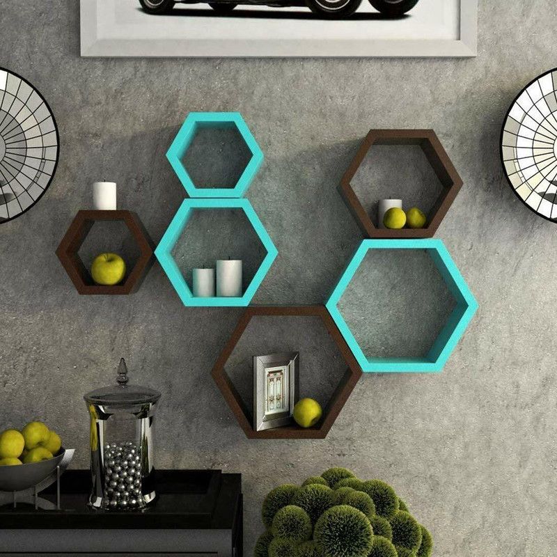 PepperWood Hexagonal Shape Wall Shelf for Living Room MDF (Medium Density Fiber) Wall Shelf  (Number of Shelves - 6, Brown, Blue)