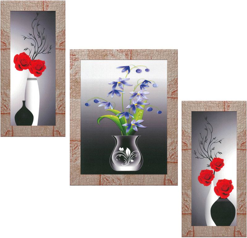 Indianara Set of 3 Flowers in Vases Framed Art Painting (3158MR) without glass Digital Reprint 13 inch x 10.2 inch Painting  (With Frame, Pack of 3)