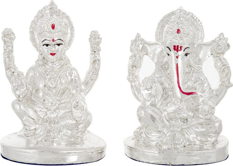 Delhi Gift House 22 K Real Silver Plated Laxmi Ganesh God Idol Statue Decorative Showpiece - 11 cm  (Polyresin, Silver)