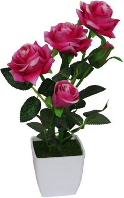 Saikara Collection 1001 Pink Rose Artificial Flower with Pot  (12 inch, Pack of 1, Flower Bunch)