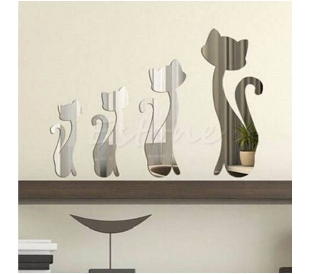 Cute Cats 3D Acrylic Mirror Wall Sticker- 4 pieces