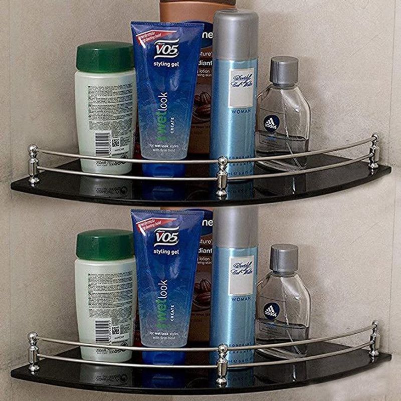 Crosta Royal Glass Corner Shelf for Bathroom>Kitchen>Space Saving Shelves[9X9-2Pc]Black Glass Wall Shelf  (Number of Shelves - 2, Black)