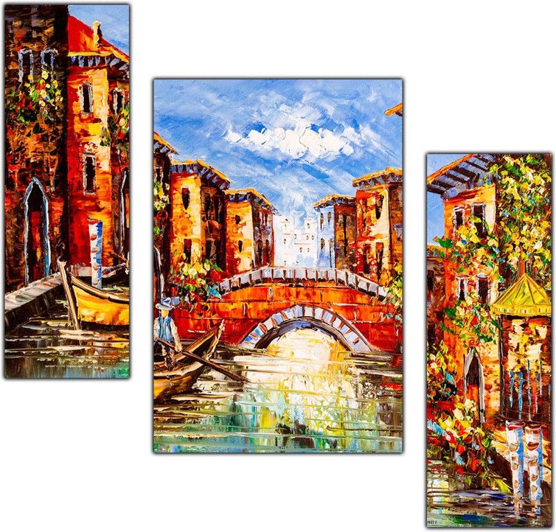 pnf Hand Painting Landscape Scenery Set of 3 MDF Panel-1623- Digital Reprint 12 inch x 18 inch Painting  (Without Frame, Pack of 3)