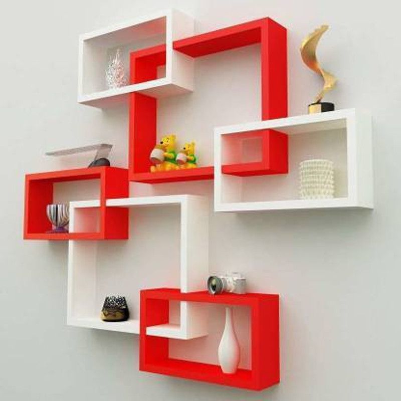 DESIRE DECOR Interlocking Wall Selve Wooden Wall Shelf  (Number of Shelves - 6, Red, White)