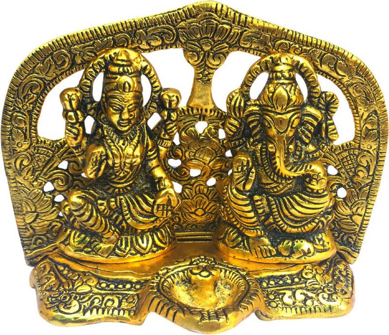 GJ Lakshmi Ganesh Idol Murti with Diya for Home Puja Showpiece Aluminium Statue Decorative Showpiece - 9 cm  (Aluminium, Gold)