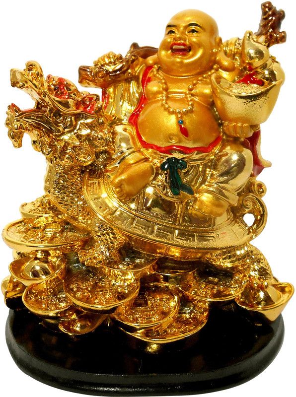 9tees Mart - Vastu / Feng Shui / Vastu / Laughing Buddha Sitting on Dragon Tortoise For Happiness, Wealth & Goodluck  Decorative Showpiece - 13 cm  (Polyresin, Gold)