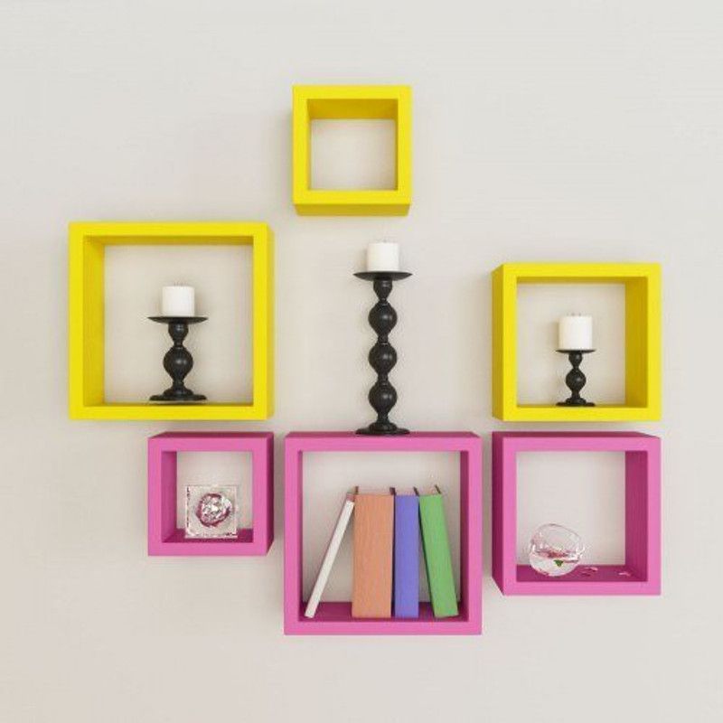 wooden creation SET OF 6 1SQUARE WALL SHELF PINK YELLOW MDF (Medium Density Fiber) Wall Shelf  (Number of Shelves - 6, Pink, Yellow)