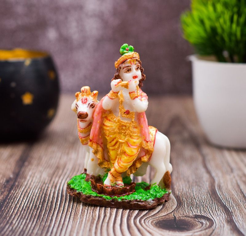 Archna Handicrafts Polyresin Lord Shri Radha Krishna Standing with Cow /Handicraft Idol Spiritual Decorative Showpiece - 7.5 cm  (Polyresin, White)