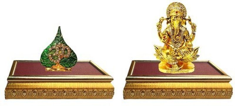 9facts Set of 2 with wooden base Lord Shiva Symbol OM Sign Idol & God Ganesh / Ganpati / Lord Ganesha Idol - Statue Gift item Decorative Showpiece Decorative Showpiece - 10 cm  (Brass, Multicolor)